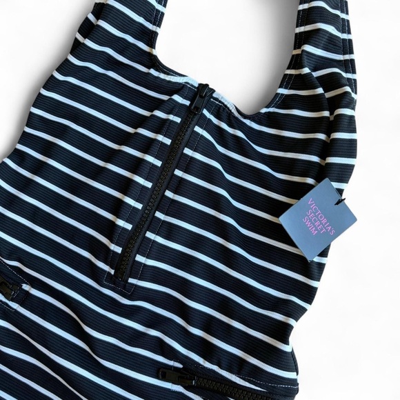 Victoria's Secret black and white striped one-piece swimsuit zipper front small - Picture 3 of 5